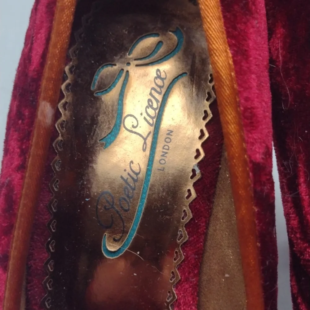 Poetic License Burgundy Velvet Heels with Gold Bow & Jewel Accent